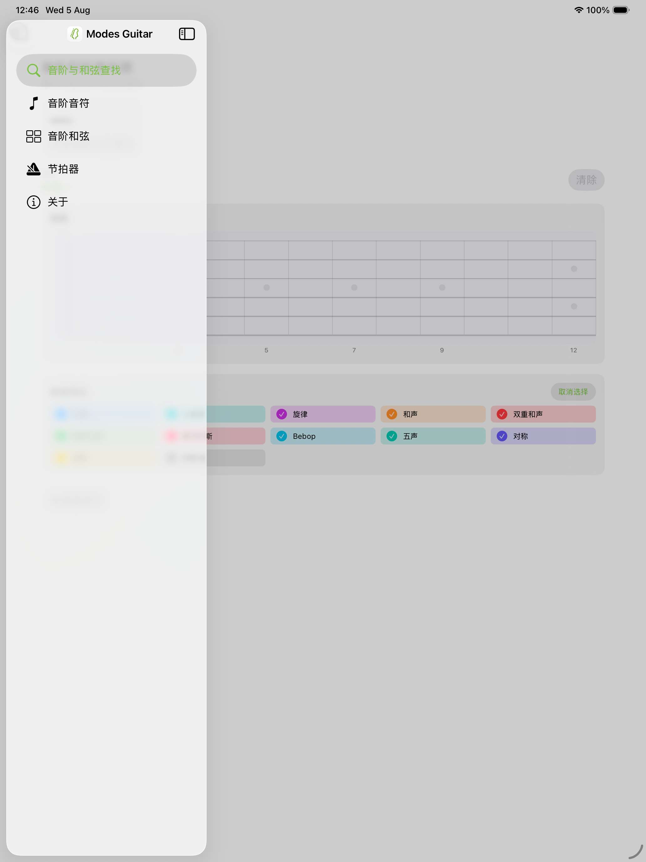 iPad上带侧边栏的音阶与和弦查找器